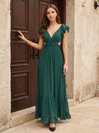 Peacock Chiffon A-Line V-Neck Criss-Cross Back Floor-Length Ruffle Bridesmaid Dress - Curvevia