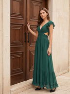Peacock Chiffon A-Line V-Neck Criss-Cross Back Floor-Length Ruffle Bridesmaid Dress - Curvevia