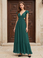 Peacock Chiffon A-Line V-Neck Criss-Cross Back Floor-Length Ruffle Bridesmaid Dress - Curvevia