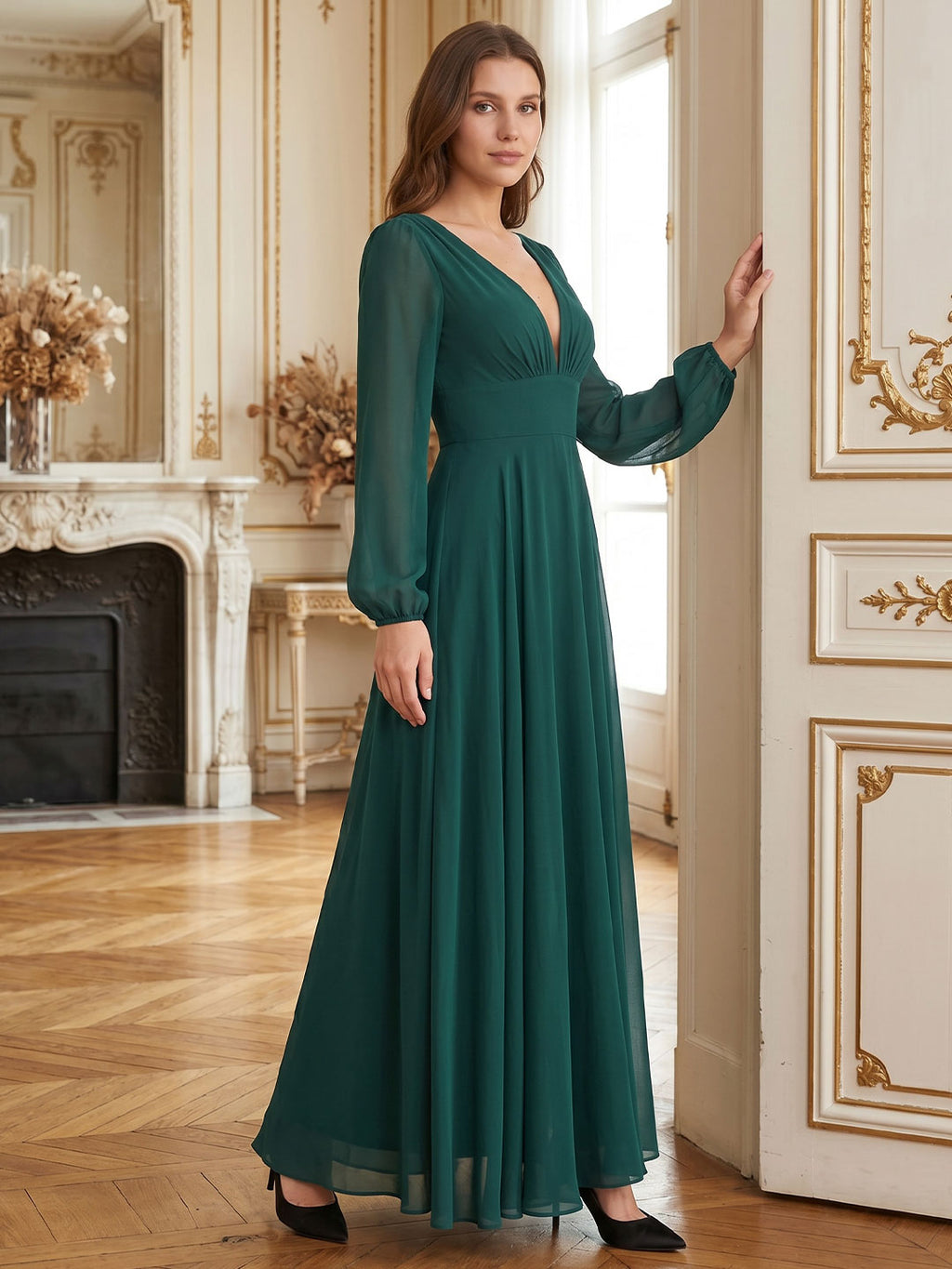 Peacock Chiffon A-Line V-Neck V-Back Floor-Length Bridesmaid Dress - Curvevia