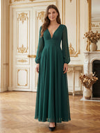 Peacock Chiffon A-Line V-Neck V-Back Floor-Length Bridesmaid Dress - Curvevia