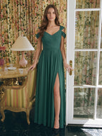 Peacock Chiffon A-Line V-Neck V-Back Floor-Length Pleated Bridesmaid Dress - Curvevia