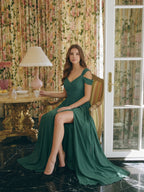 Peacock Chiffon A-Line V-Neck V-Back Floor-Length Pleated Bridesmaid Dress - Curvevia
