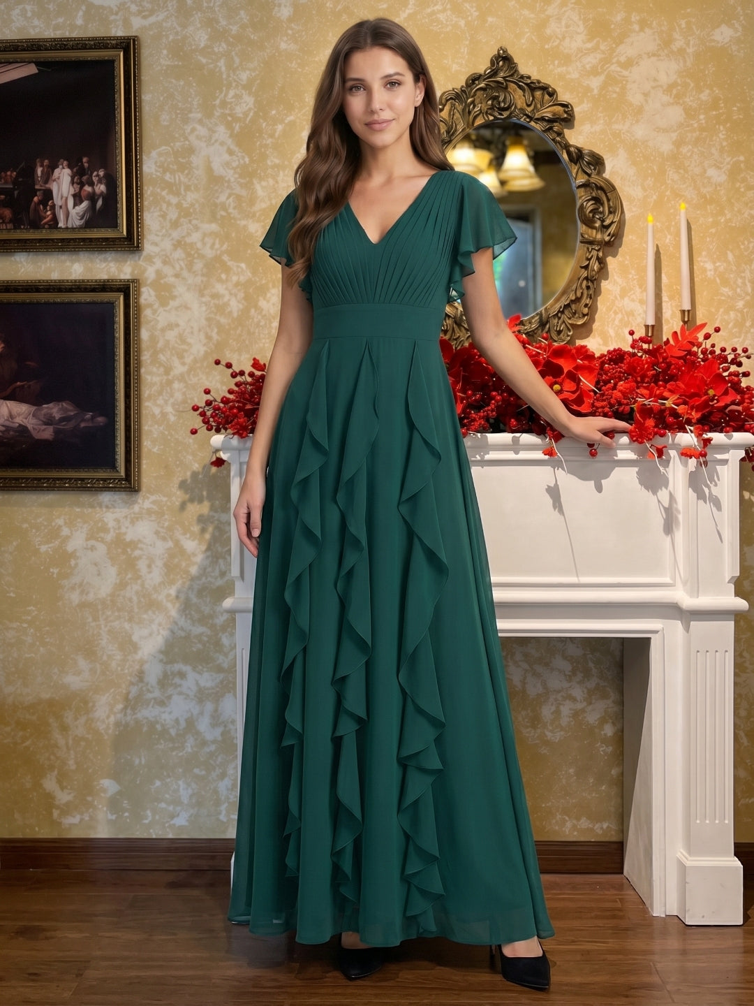 Peacock Chiffon A-Line V-Neck V-Back Floor-Length Ruffle Bridesmaid Dress - Curvevia
