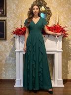 Peacock Chiffon A-Line V-Neck V-Back Floor-Length Ruffle Bridesmaid Dress - Curvevia