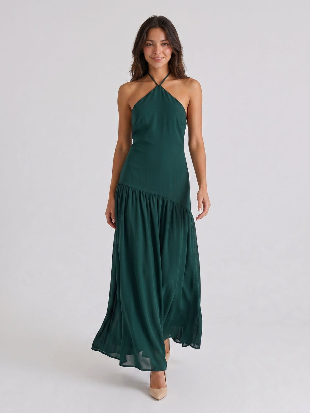Peacock Chiffon Column Halter Neckline Backless Floor-Length Formal Dress with Pleating - Curvevia