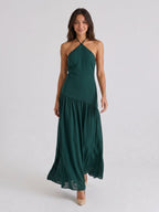 Peacock Chiffon Column Halter Neckline Backless Floor-Length Formal Dress with Pleating - Curvevia