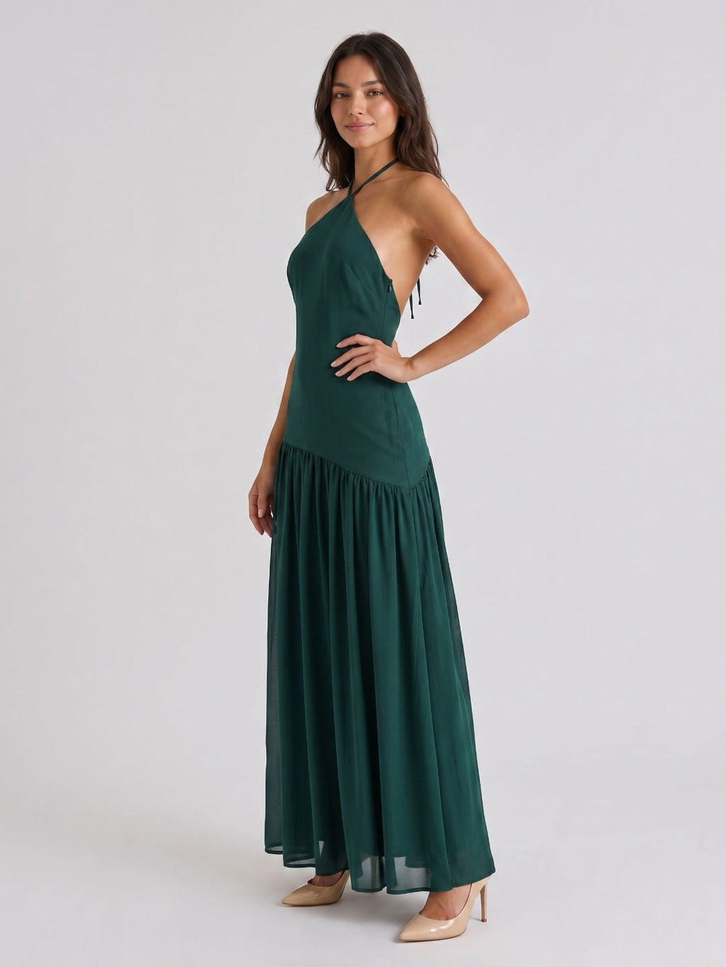 Peacock Chiffon Column Halter Neckline Backless Floor-Length Formal Dress with Pleating - Curvevia