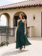 Peacock Chiffon Column Halter Neckline Backless Floor-Length Formal Dress with Pleating - Curvevia