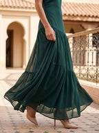 Peacock Chiffon Column Halter Neckline Backless Floor-Length Formal Dress with Pleating - Curvevia
