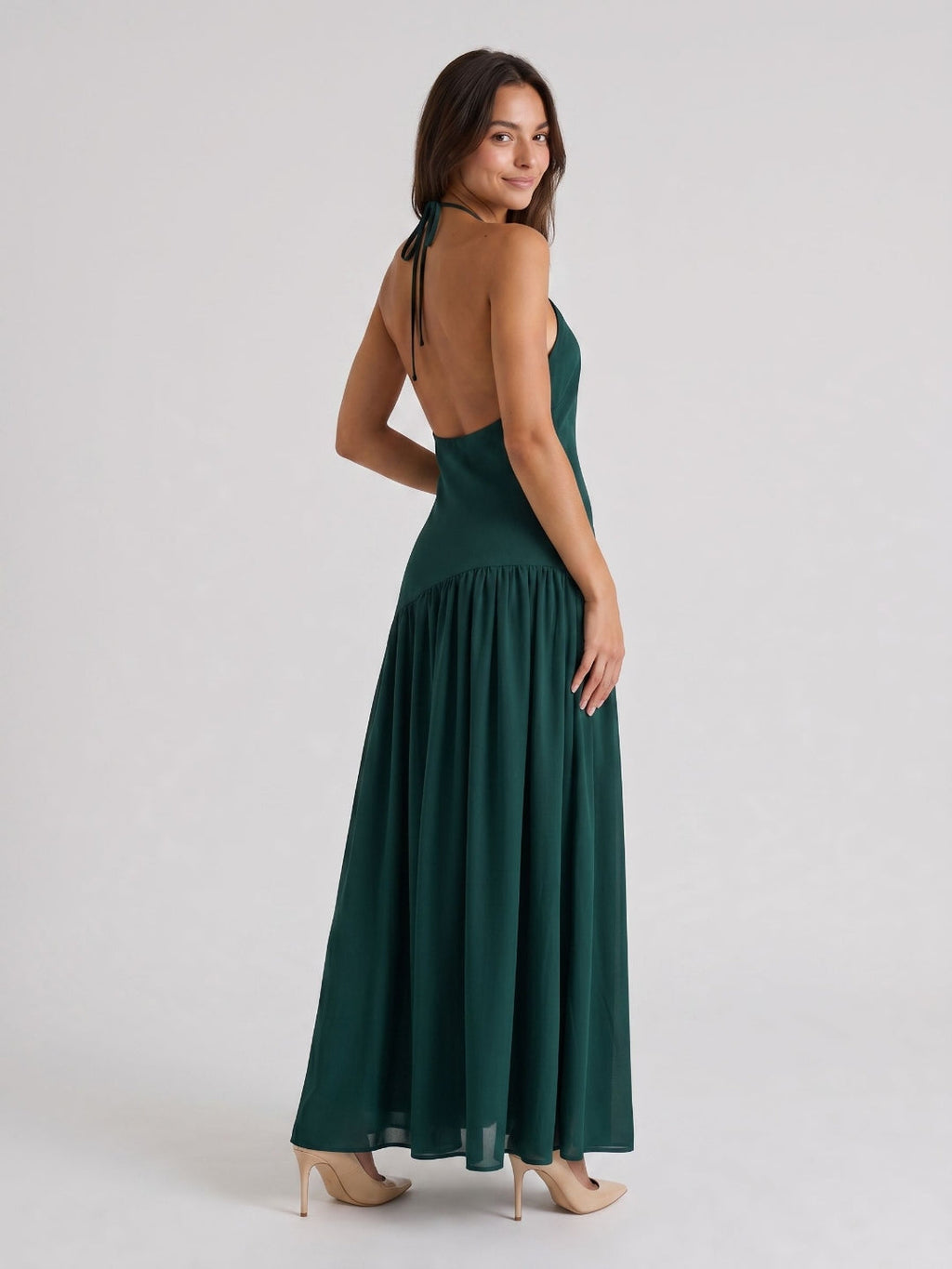 Peacock Chiffon Column Halter Neckline Backless Floor-Length Formal Dress with Pleating - Curvevia