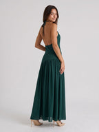 Peacock Chiffon Column Halter Neckline Backless Floor-Length Formal Dress with Pleating - Curvevia