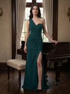 Peacock Chiffon Sheath One Shoulder Back Zip Floor-Length Pleated Bridesmaid Dress - Curvevia