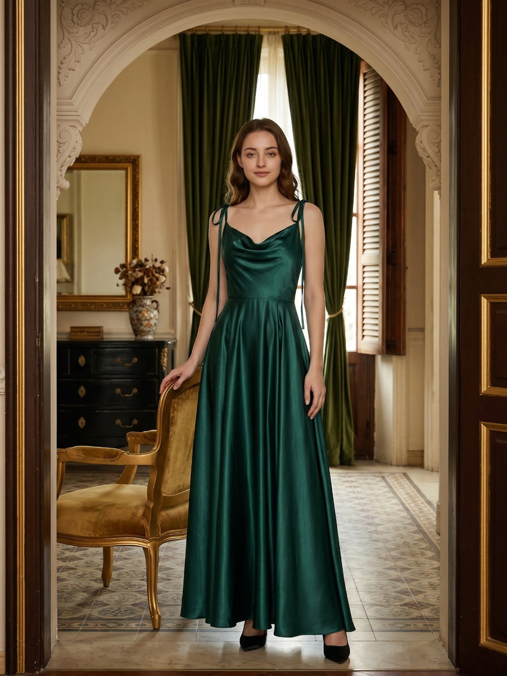 Peacock Satin A-Line Cowl Neck Back Zip Floor-Length Bridesmaid Dress with Bow - Curvevia