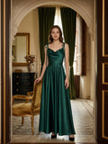 Peacock Satin A-Line Cowl Neck Back Zip Floor-Length Bridesmaid Dress with Bow - Curvevia