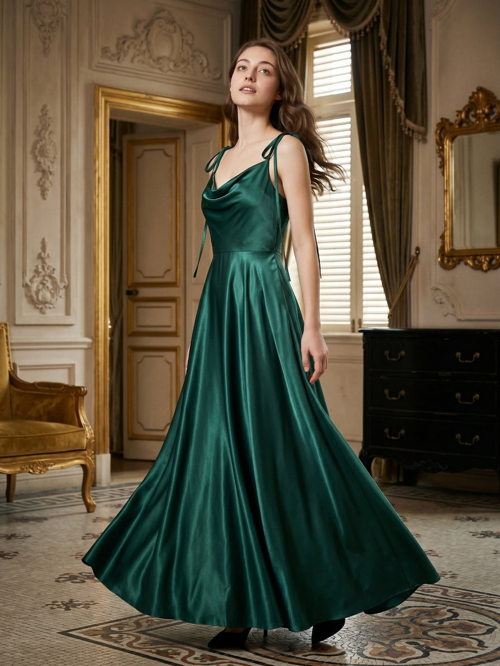 Peacock Satin A-Line Cowl Neck Back Zip Floor-Length Bridesmaid Dress with Bow - Curvevia