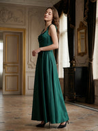 Peacock Satin A-Line Cowl Neck Back Zip Floor-Length Bridesmaid Dress with Bow - Curvevia