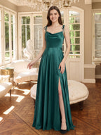 Peacock Satin A-Line Cowl Neck Backless Floor-Length Pleated Bridesmaid Dress - Curvevia