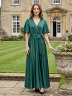 Peacock Satin A-Line V-Neck Side Zip Floor-Length Bridesmaid Dress with Bow - Curvevia