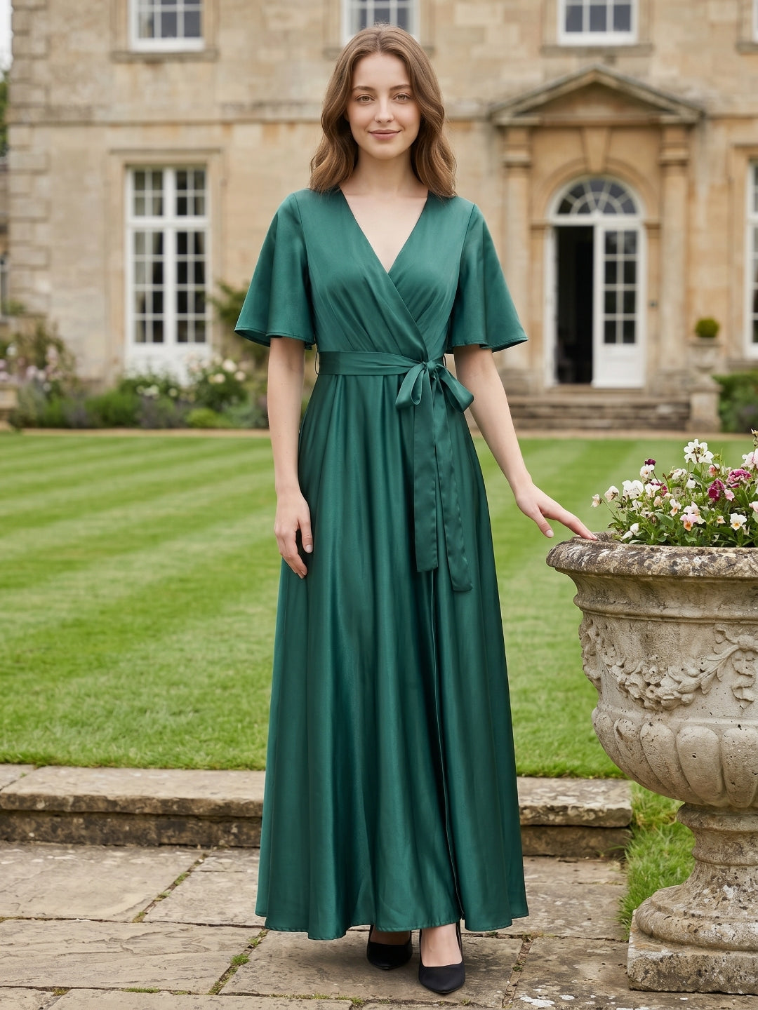 Peacock Satin A-Line V-Neck Side Zip Floor-Length Bridesmaid Dress with Bow - Curvevia