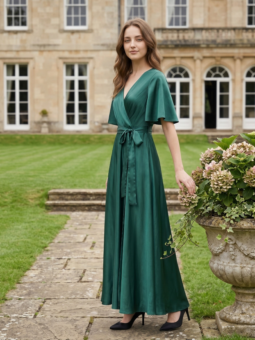 Peacock Satin A-Line V-Neck Side Zip Floor-Length Bridesmaid Dress with Bow - Curvevia