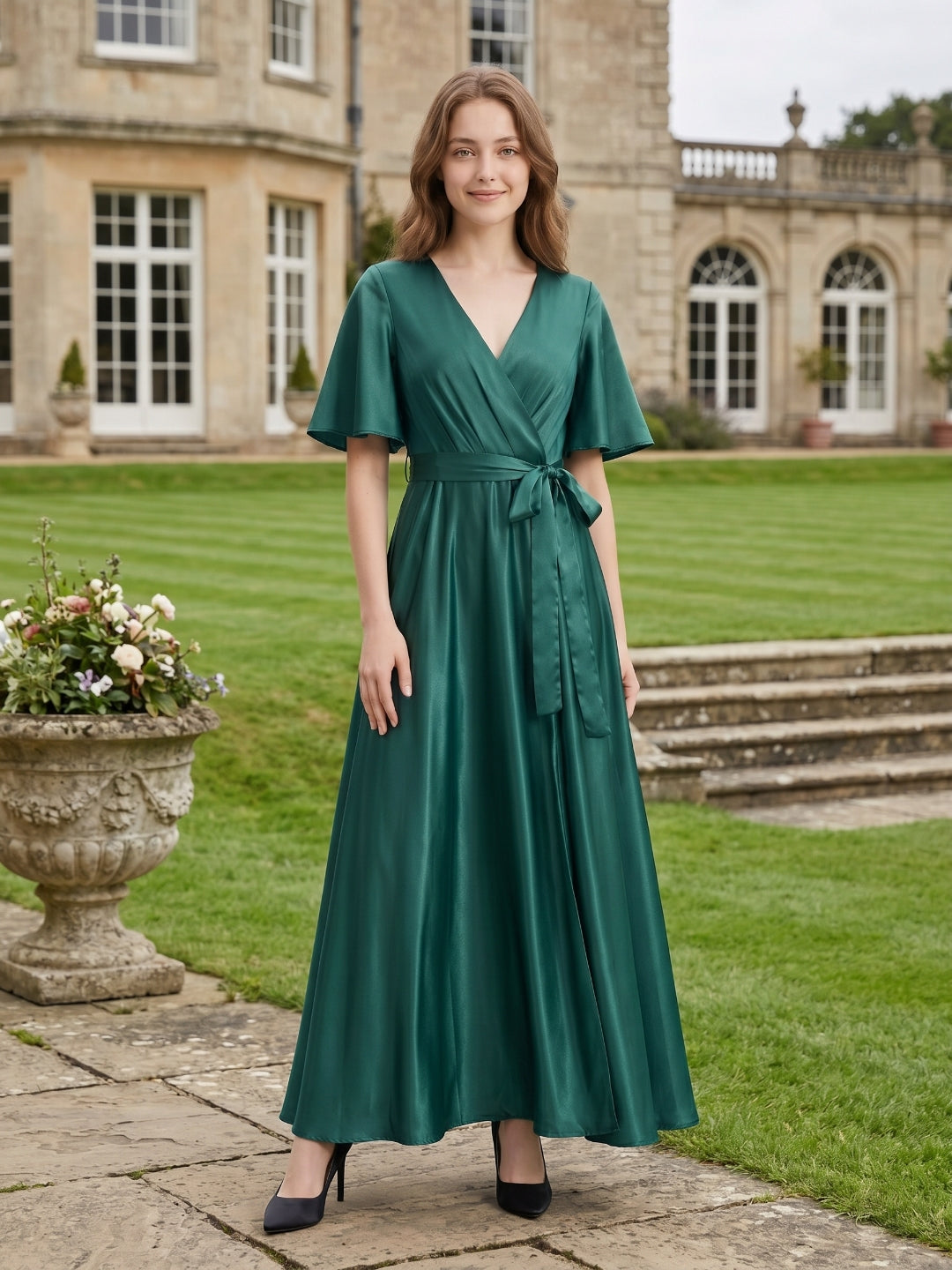 Peacock Satin A-Line V-Neck Side Zip Floor-Length Bridesmaid Dress with Bow - Curvevia
