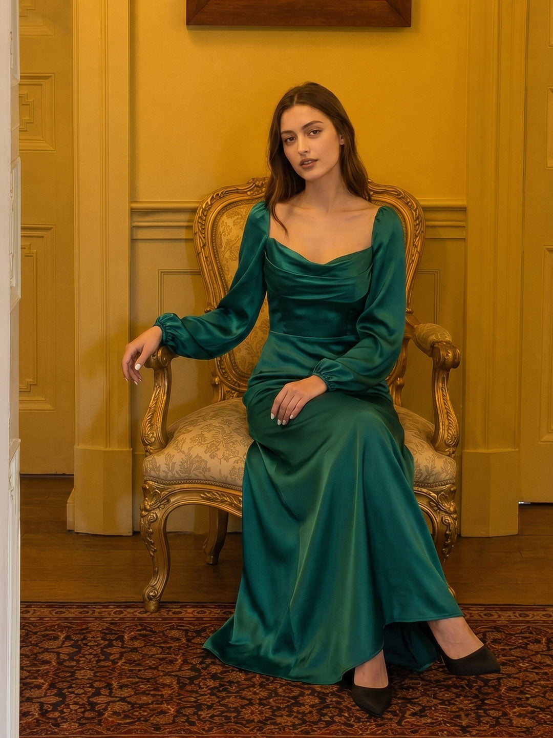 Peacock Satin Sheath Cowl Neck Back Zip Floor-Length Bridesmaid Dress - Curvevia