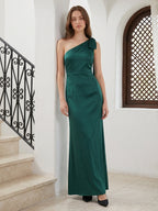 Peacock Satin Sheath One Shoulder Side Zip Floor-Length Bridesmaid Dress with Bow - Curvevia