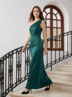 Peacock Satin Sheath One Shoulder Side Zip Floor-Length Bridesmaid Dress with Bow - Curvevia