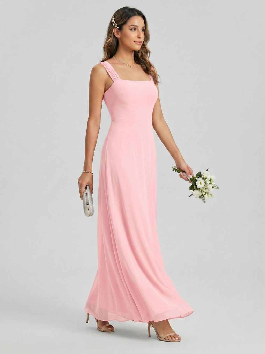 Coquette Petal Chiffon Sheath Square Neck Backless Ankle-Length Bridesmaid Dress - Curvevia