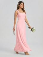Coquette Petal Chiffon Sheath Square Neck Backless Ankle-Length Bridesmaid Dress - Curvevia