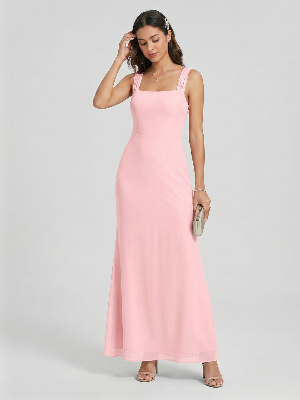 Coquette Petal Chiffon Sheath Square Neck Backless Ankle-Length Bridesmaid Dress - Curvevia