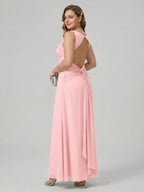 Coquette Petal Chiffon Sheath Square Neck Backless Ankle-Length Bridesmaid Dress - Curvevia