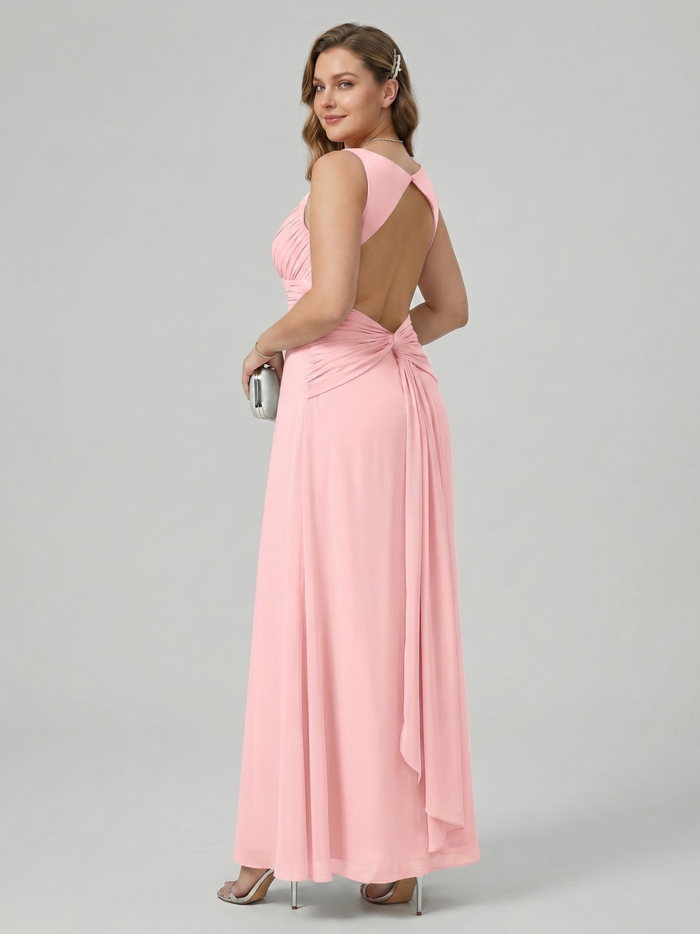 Coquette Petal Chiffon Sheath Square Neck Backless Ankle-Length Bridesmaid Dress - Curvevia