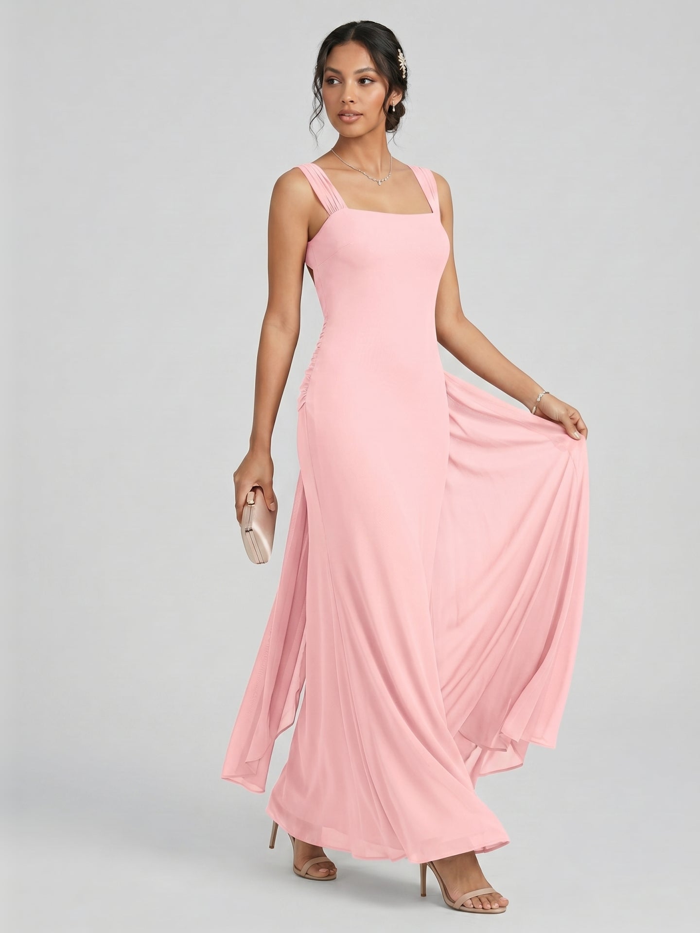 Coquette Petal Chiffon Sheath Square Neck Backless Ankle-Length Bridesmaid Dress - Curvevia