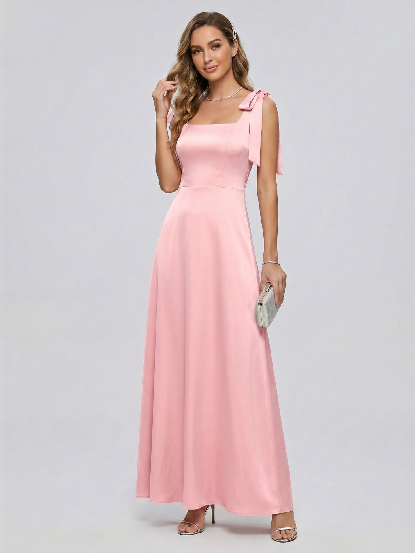 Coquette Petal Satin A-Line Square Neck Back Zip Ankle-Length Bridesmaid Dress - Curvevia