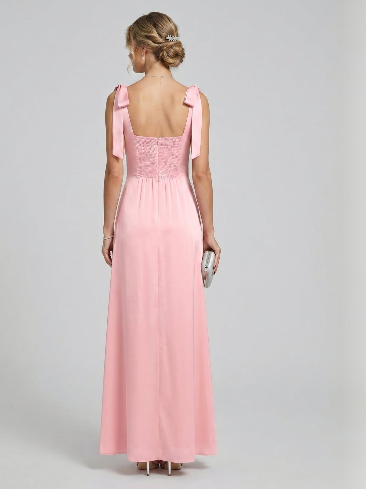 Coquette Petal Satin A-Line Square Neck Back Zip Ankle-Length Bridesmaid Dress - Curvevia