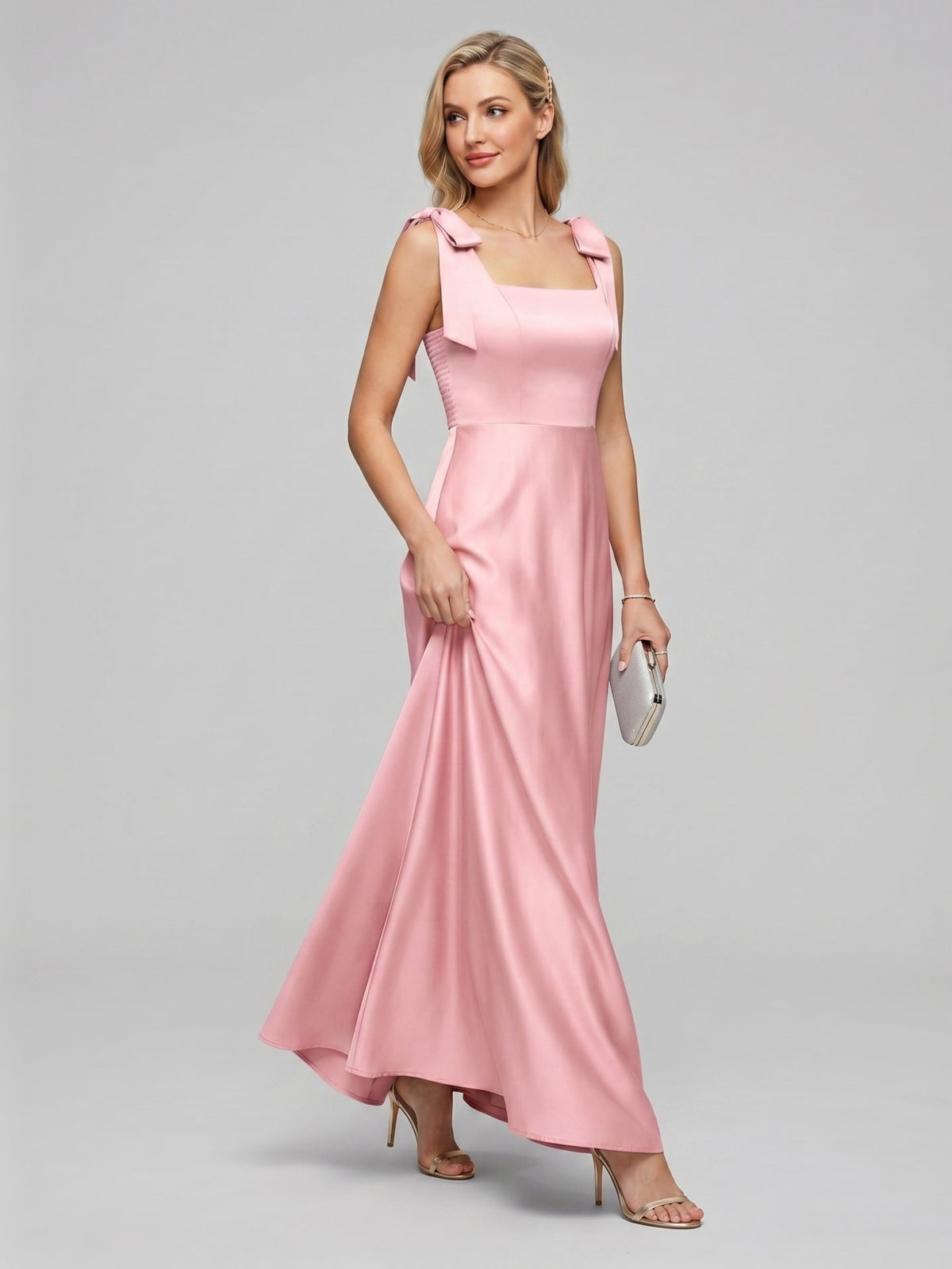 Coquette Petal Satin A-Line Square Neck Back Zip Ankle-Length Bridesmaid Dress - Curvevia