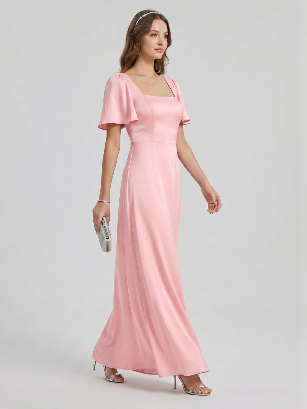 Modest Petal Matte Satin A-Line Square Neck Backless Ankle-Length Bridesmaid Dress - Curvevia