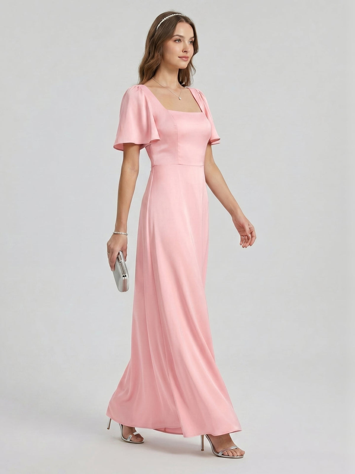 Modest Petal Matte Satin A-Line Square Neck Backless Ankle-Length Bridesmaid Dress - Curvevia