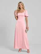 Modest Petal Matte Satin A-Line Square Neck Backless Ankle-Length Bridesmaid Dress - Curvevia