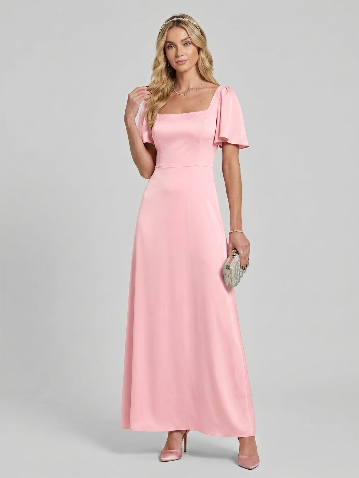 Modest Petal Matte Satin A-Line Square Neck Backless Ankle-Length Bridesmaid Dress - Curvevia