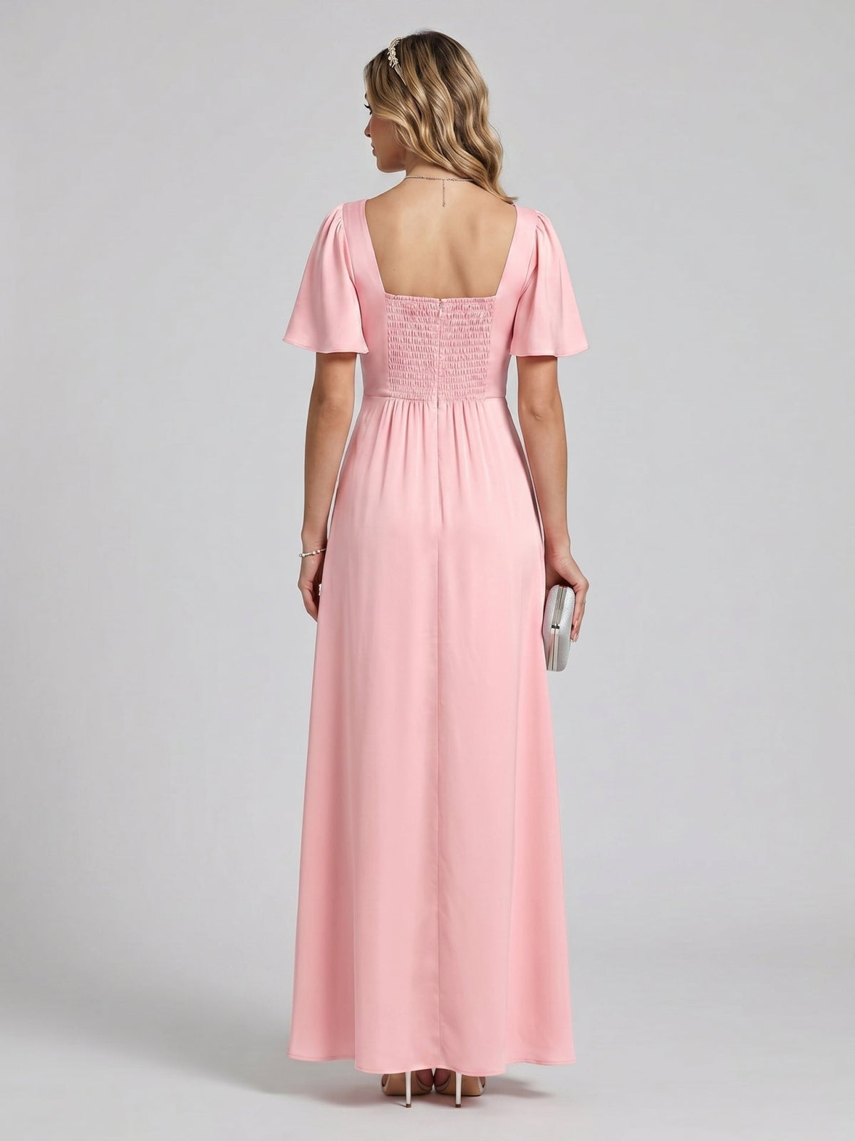 Modest Petal Matte Satin A-Line Square Neck Backless Ankle-Length Bridesmaid Dress - Curvevia