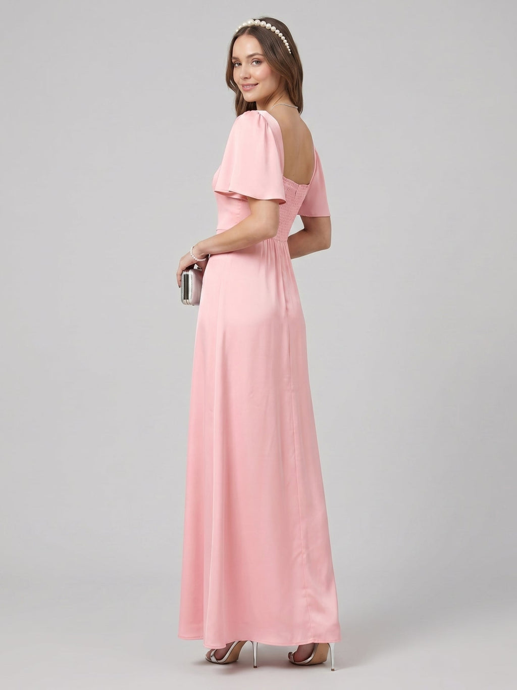Modest Petal Matte Satin A-Line Square Neck Backless Ankle-Length Bridesmaid Dress - Curvevia