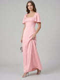 Modest Petal Matte Satin A-Line Square Neck Backless Ankle-Length Bridesmaid Dress - Curvevia