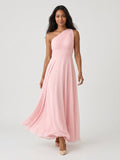 Petal Chiffon A-Line One Shoulder Back Zip Floor-Length Bridesmaid Dress with Pleating - Curvevia