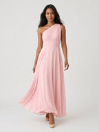 Petal Chiffon A-Line One Shoulder Back Zip Floor-Length Bridesmaid Dress with Pleating - Curvevia