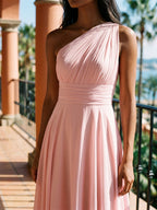 Petal Chiffon A-Line One Shoulder Back Zip Floor-Length Bridesmaid Dress with Pleating - Curvevia