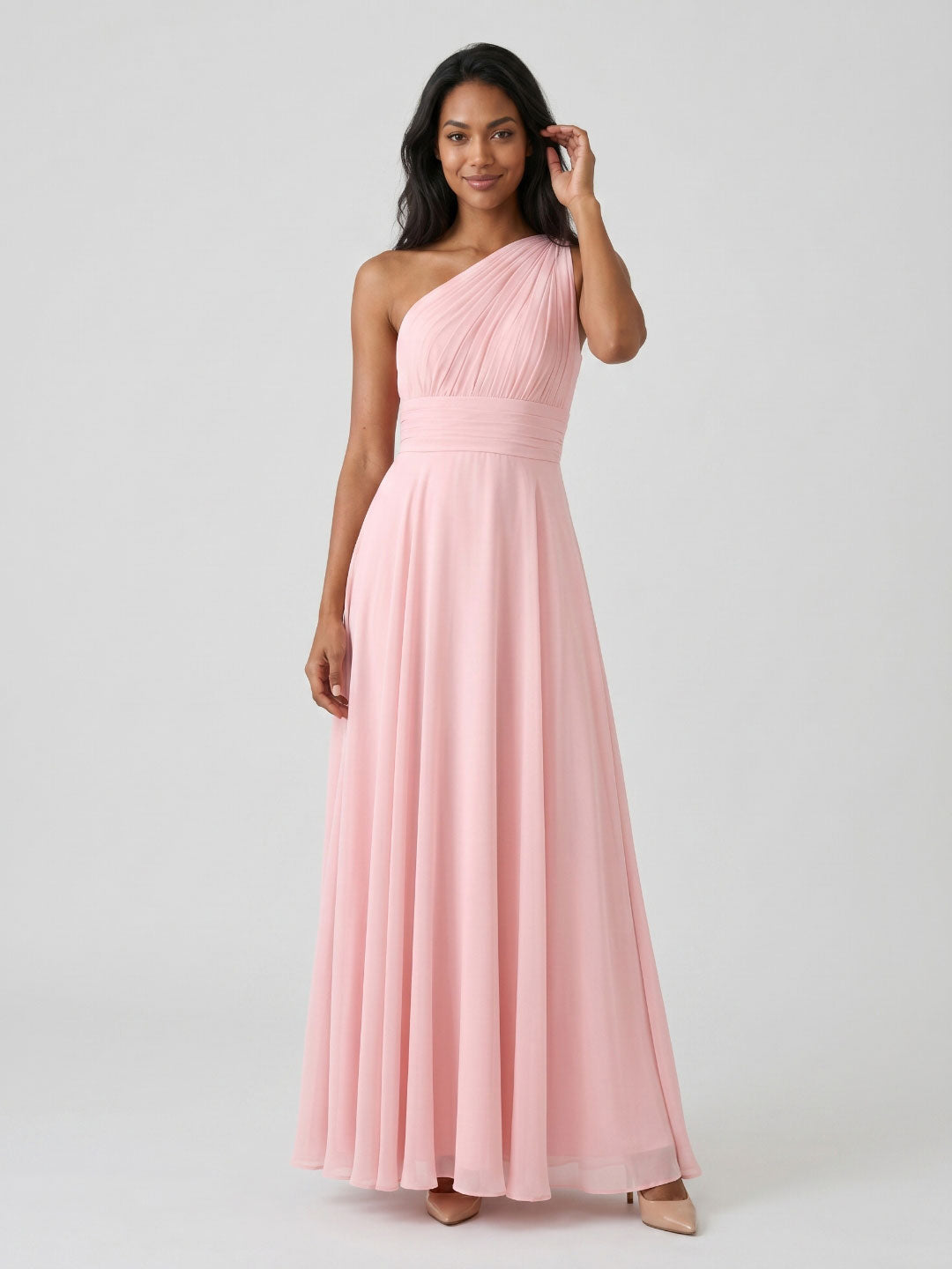 Petal Chiffon A-Line One Shoulder Back Zip Floor-Length Bridesmaid Dress with Pleating - Curvevia