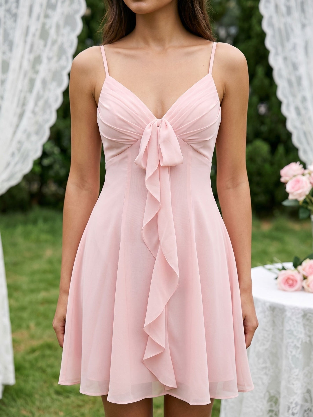 Petal Chiffon A-Line V-Neck Short Dress with Pleating - Curvevia